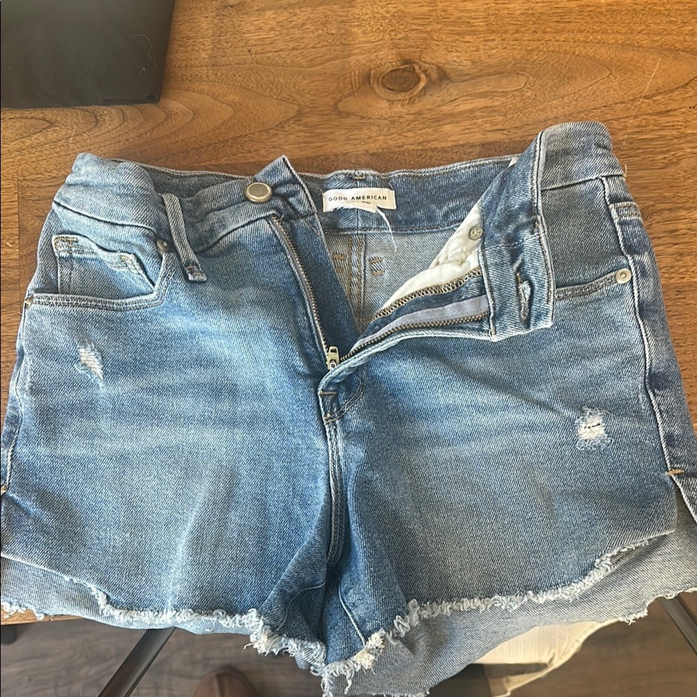 Good American Blue Distressed Jean Shorts